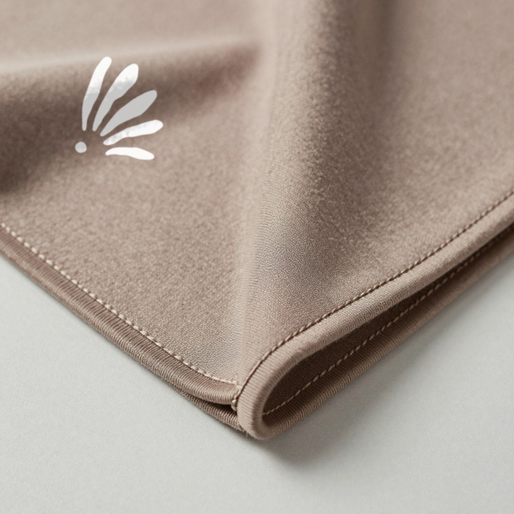 Emblème Belqia au coin du foulard, bamboo jersey taupe