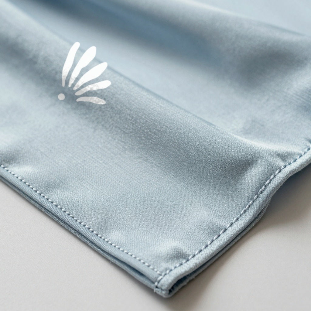 Emblème Belqia au coin du foulard, liquid jersey bleu poudré